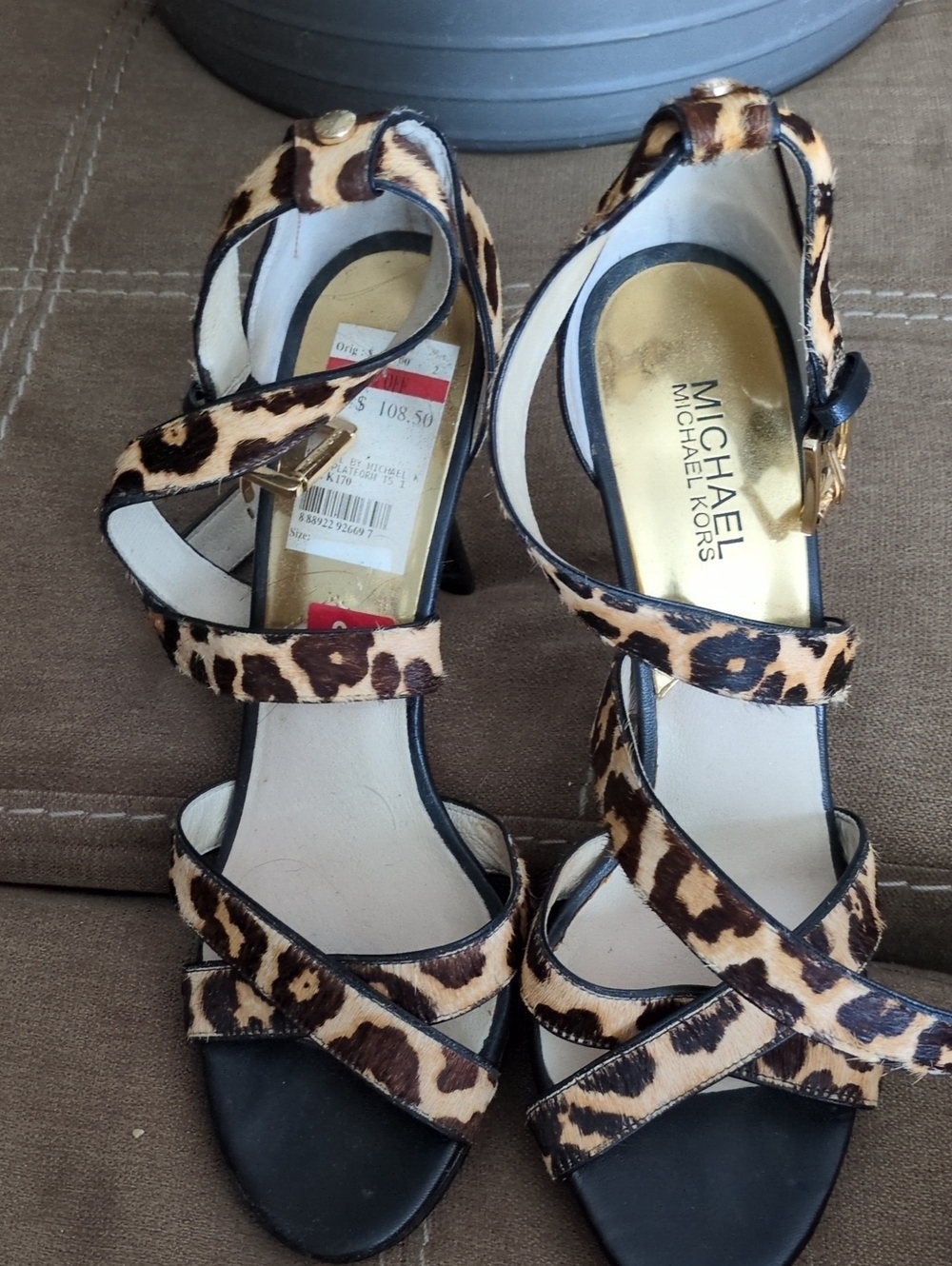 Michael Kors Leopard Print Strappy Heels in Tan and Black